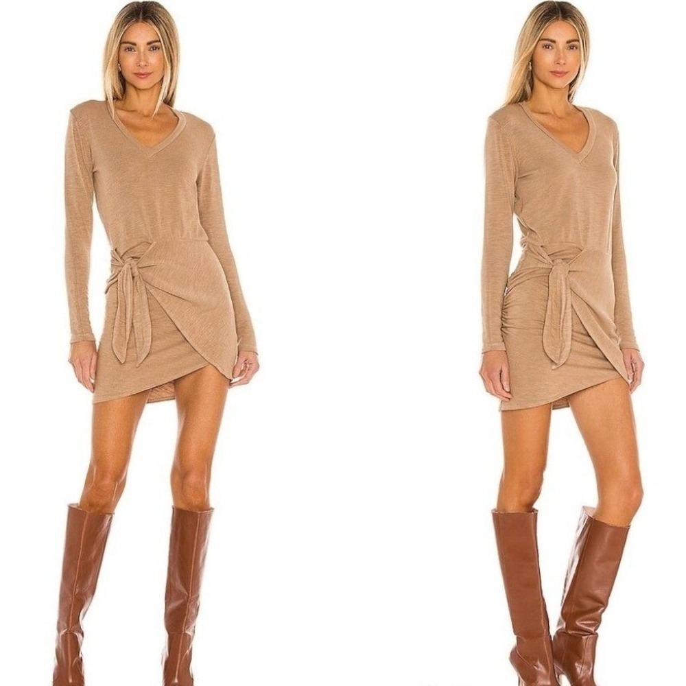 MONROW Supersoft Women Tan‎ Long Sleeve V Neck Ruched Tie Wrap Mini Dress Small